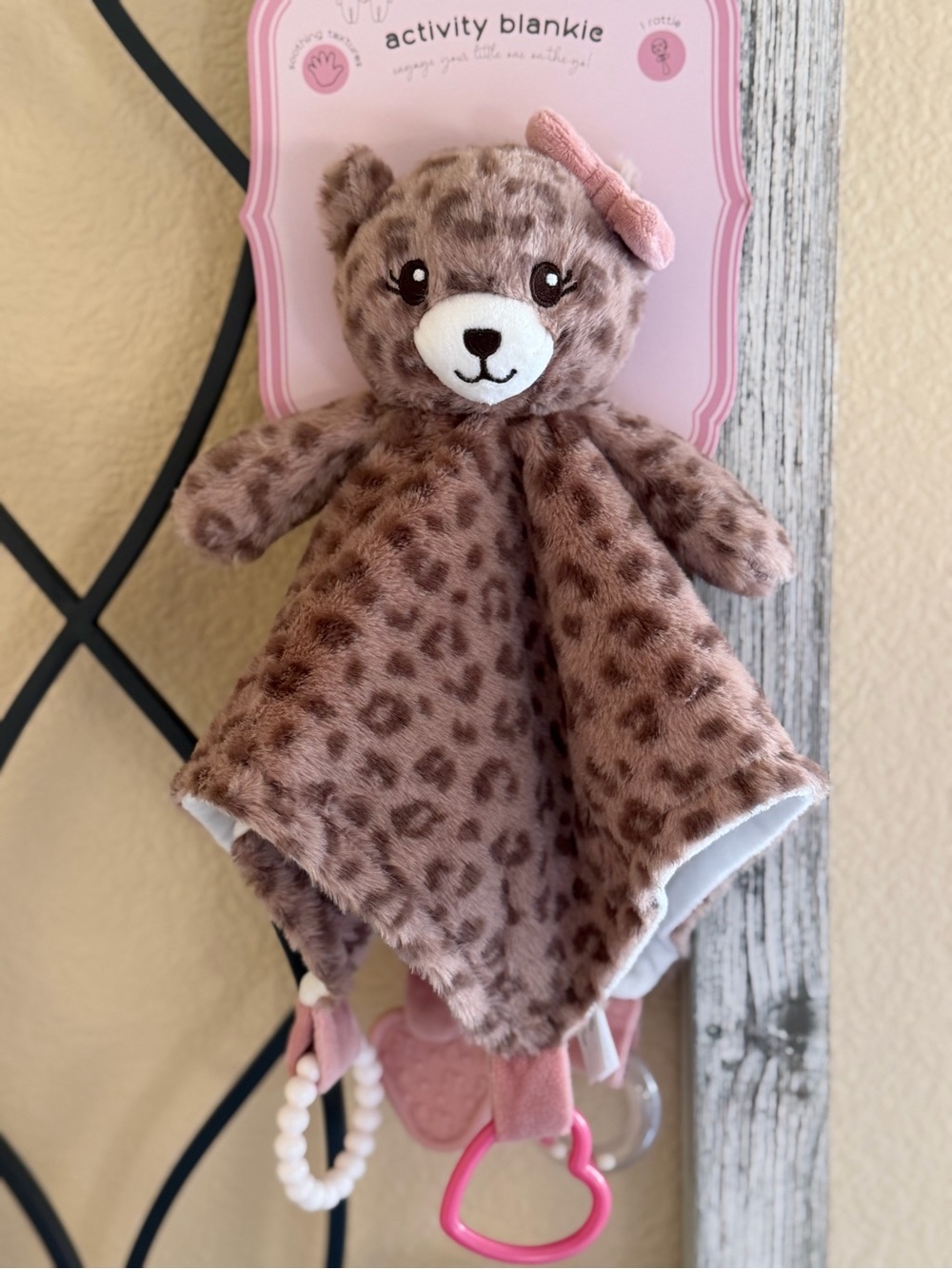 Leopard-Print Bear Activity Blankie - Brown & Pink Comfort Toy